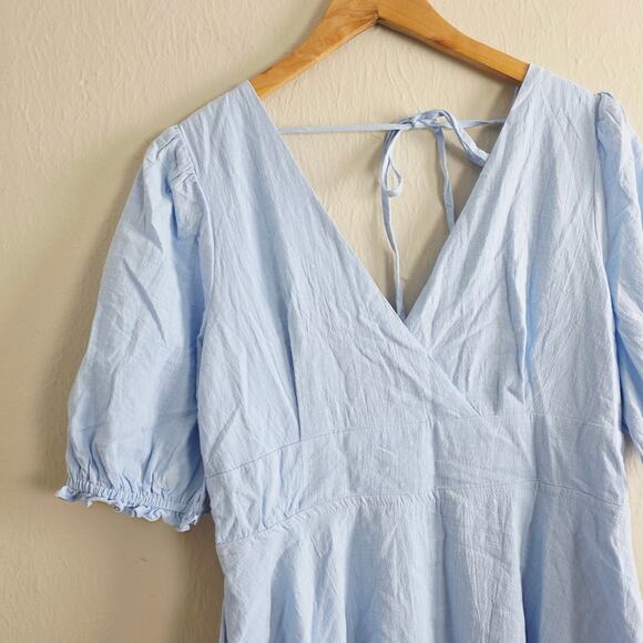 Lulus Dreaming of Paris Blue Puff Sleeve Mini Dress - Cotton Skater Pockets L - Picture 6 of 13